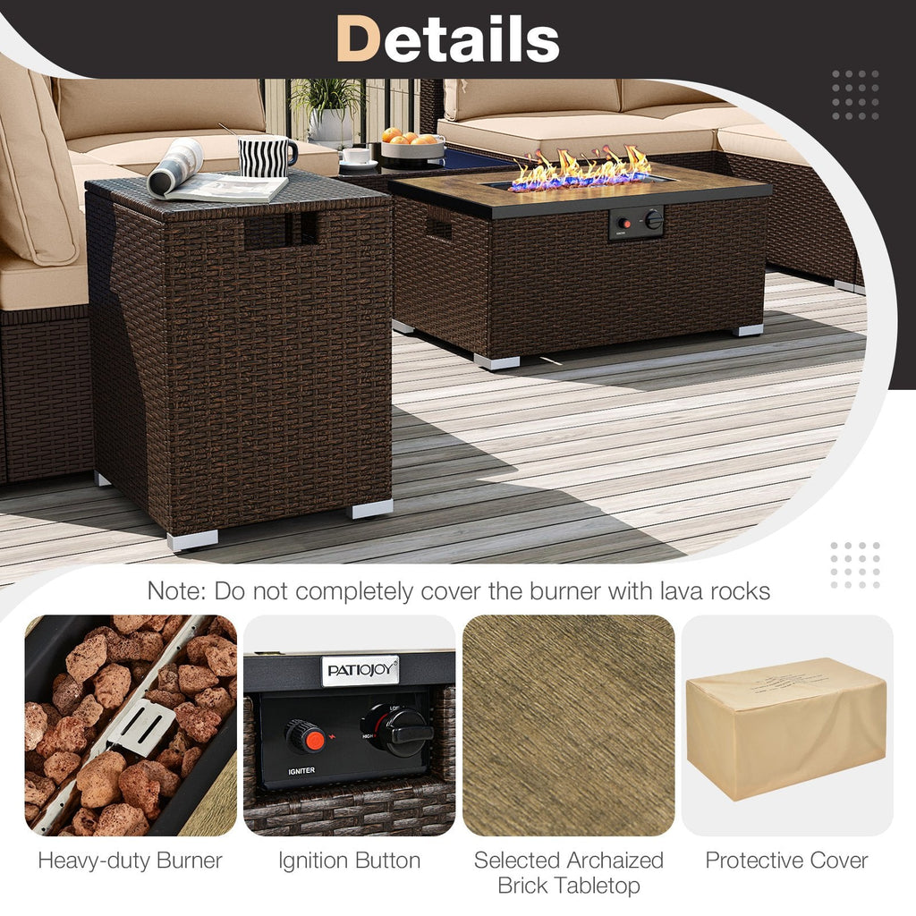 12 Piece Wicker Patio Sectional Set with 32 in Propane Fire Pit Table and Tank Holder, Beige