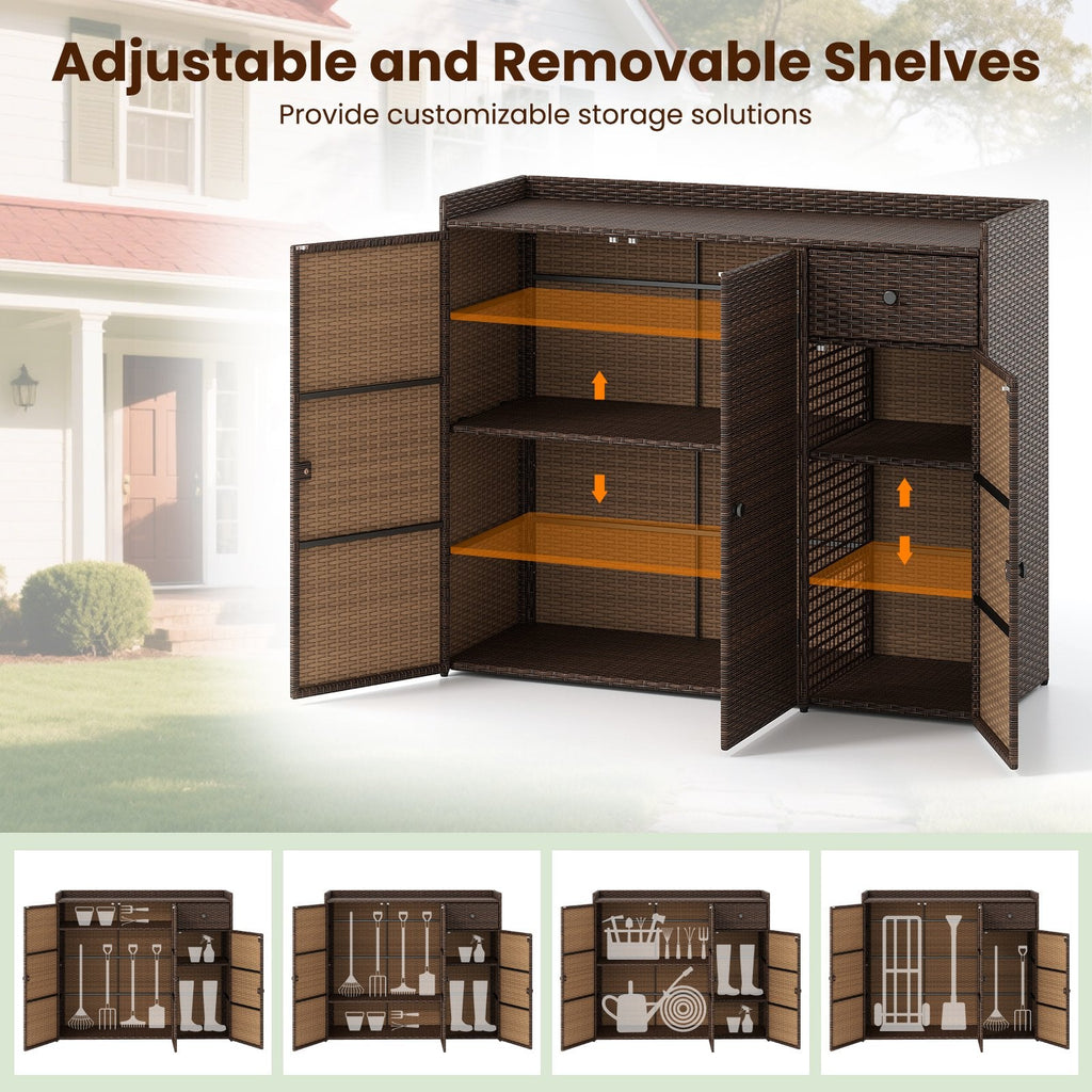 Outdoor PE Wicker Storage Cabinet with 3 Doors for Deck