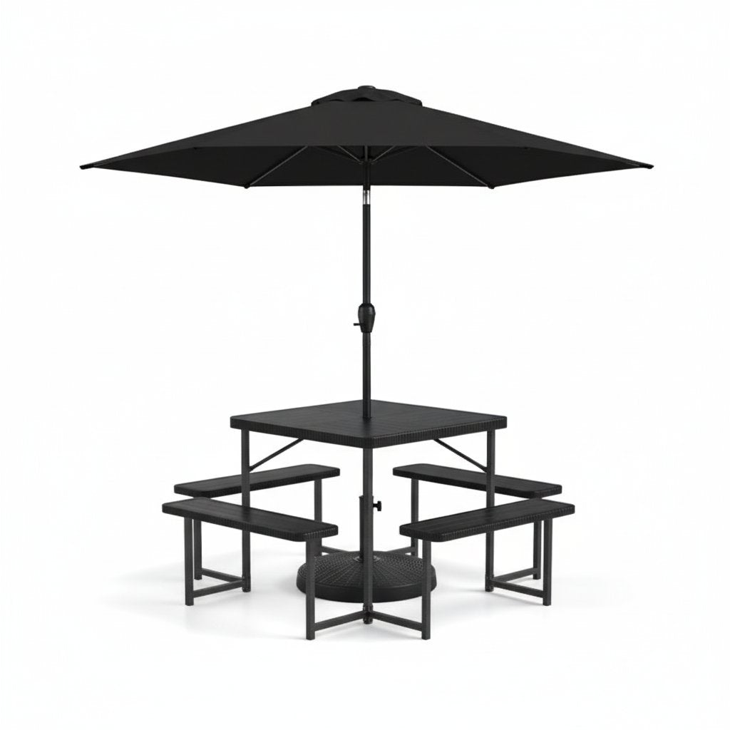 Outdoor Picnic Table Bench Set with Umbrella and Base for 4-8 People