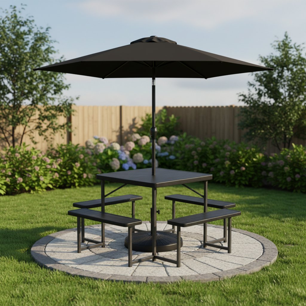Outdoor Picnic Table Bench Set with Umbrella and Base for 4-8 People