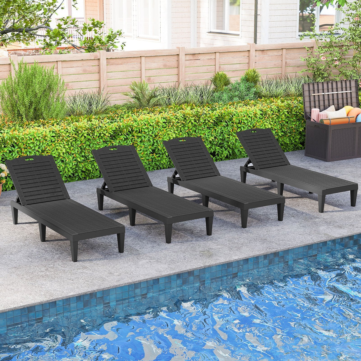 Set of 2 PP Chaise Lounge Chairs with Adjustable Backrests and 6 Legs, Black