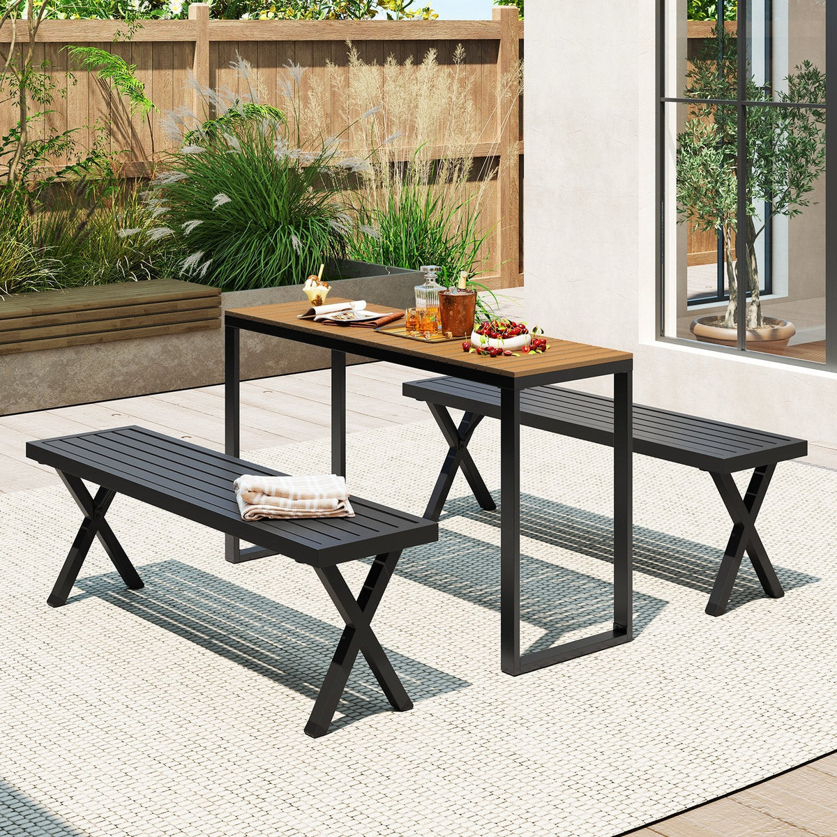 Outdoor Rectangle Console Table with Long-Lasting Acacia Wood Tabletop