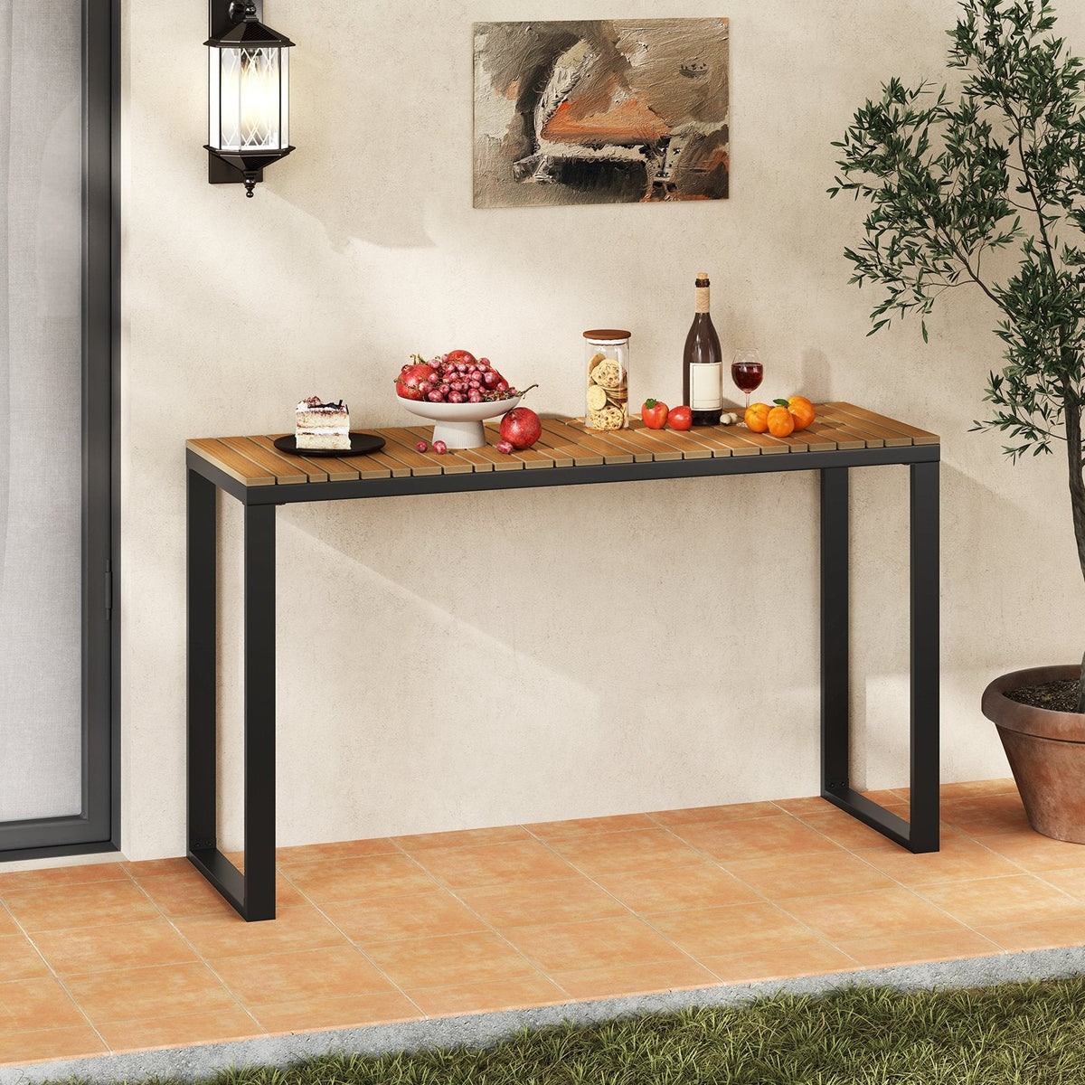 Outdoor Rectangle Console Table with Long-Lasting Acacia Wood Tabletop