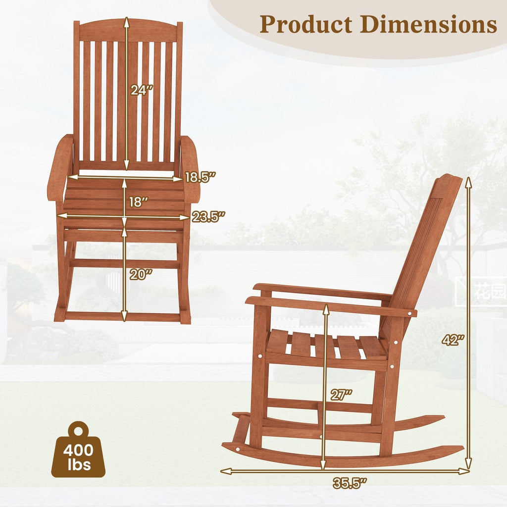 Outdoor Rocking Chair Solid Wood High Back Rocker with Slatted Seat