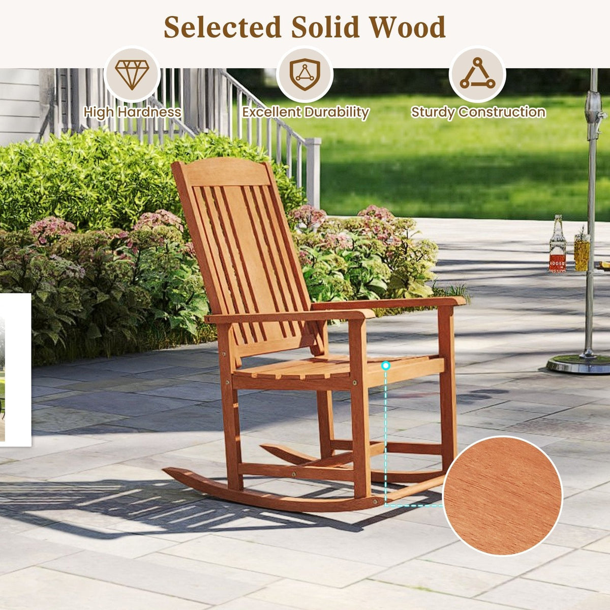 Outdoor Rocking Chair Solid Wood High Back Rocker with Slatted Seat