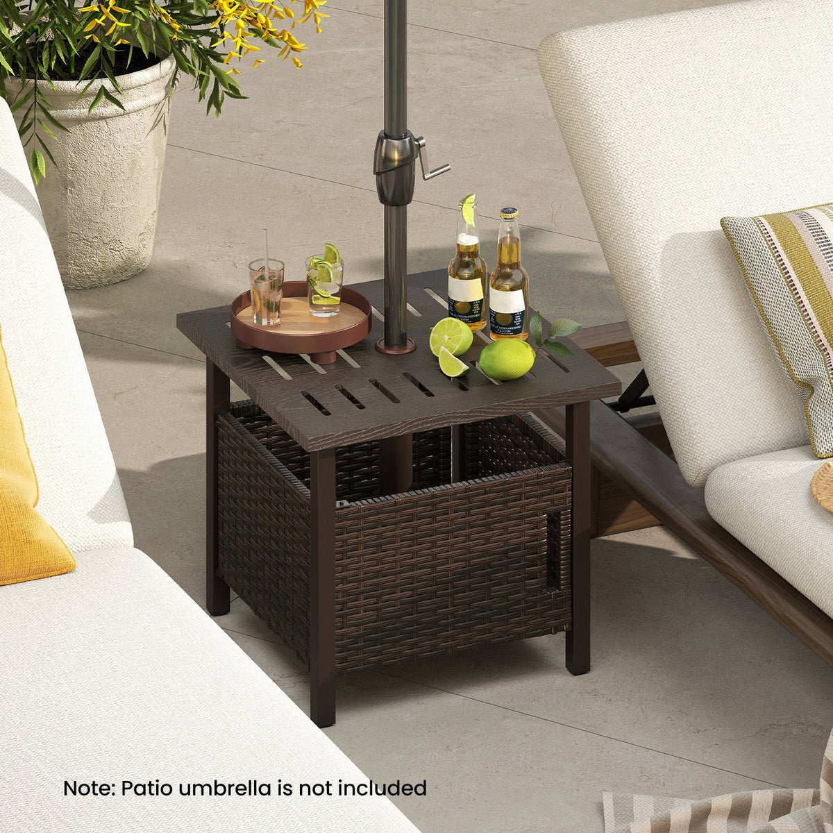 Outdoor Side Table with 1.93 inches Umbrella Hole All-Weather PE Wicker Patio Umbrella Table-Brown