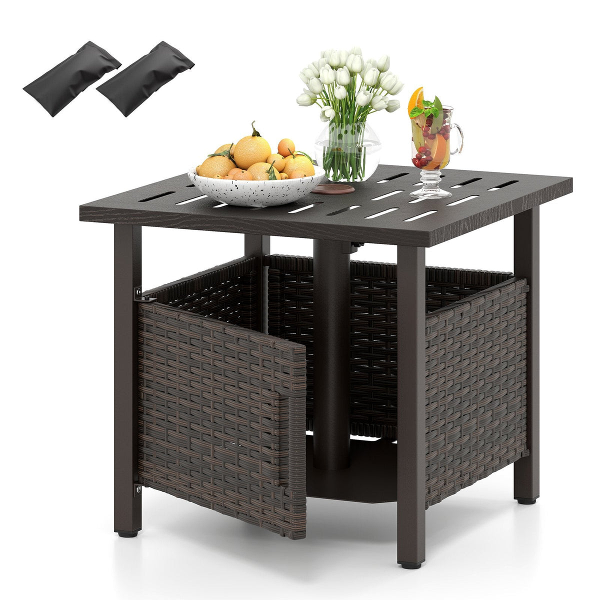 Outdoor Side Table with 1.93 inches Umbrella Hole All-Weather PE Wicker Patio Umbrella Table-Brown