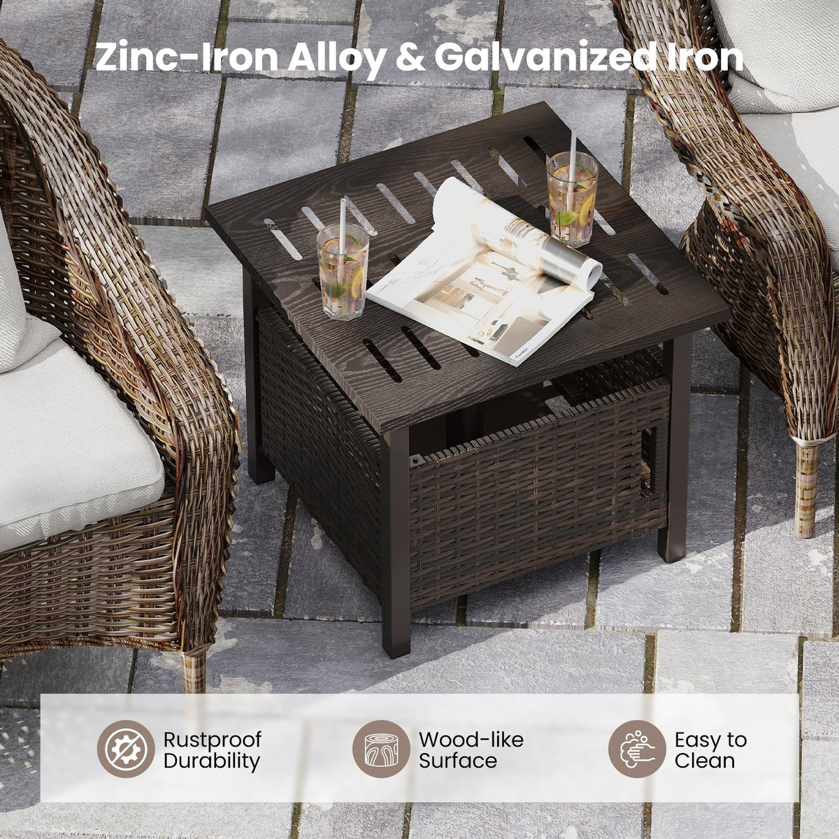 Outdoor Side Table with 1.93 inches Umbrella Hole All-Weather PE Wicker Patio Umbrella Table-Brown