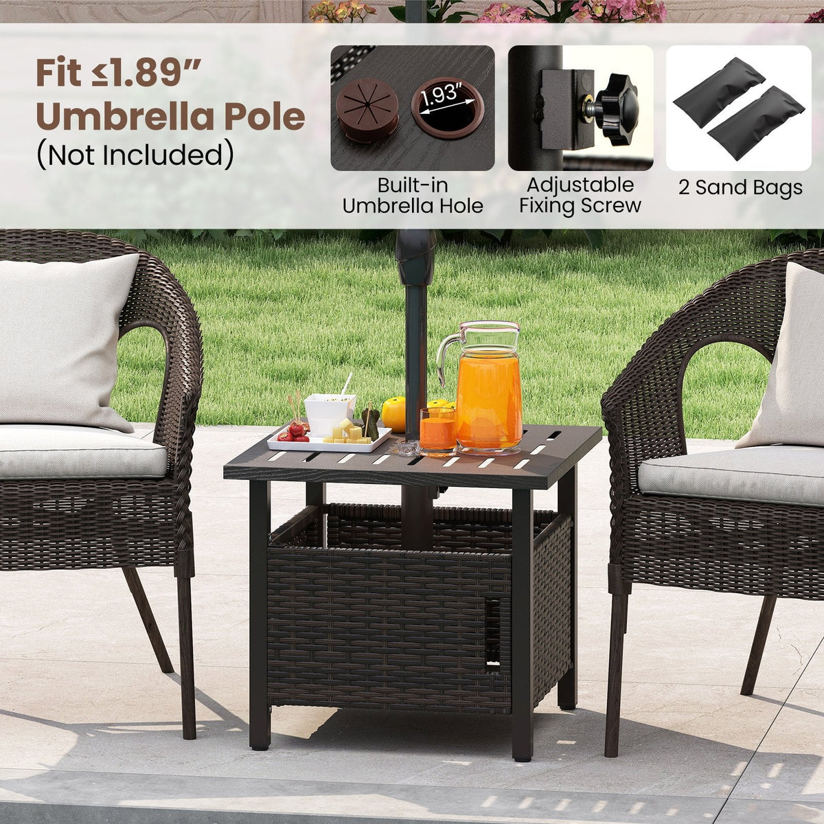 Outdoor Side Table with 1.93 inches Umbrella Hole All-Weather PE Wicker Patio Umbrella Table-Brown