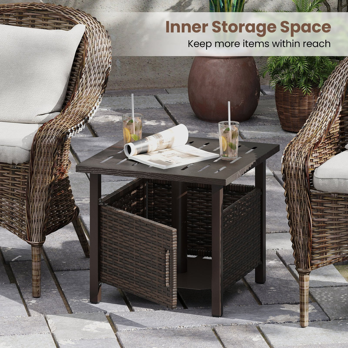 Outdoor Side Table with 1.93 inches Umbrella Hole All-Weather PE Wicker Patio Umbrella Table-Brown