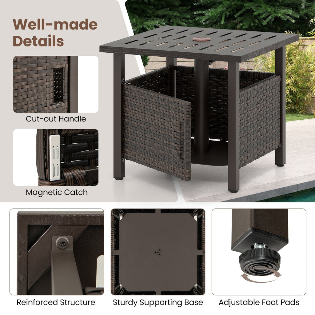 Outdoor Side Table with 1.93 inches Umbrella Hole All-Weather PE Wicker Patio Umbrella Table-Brown