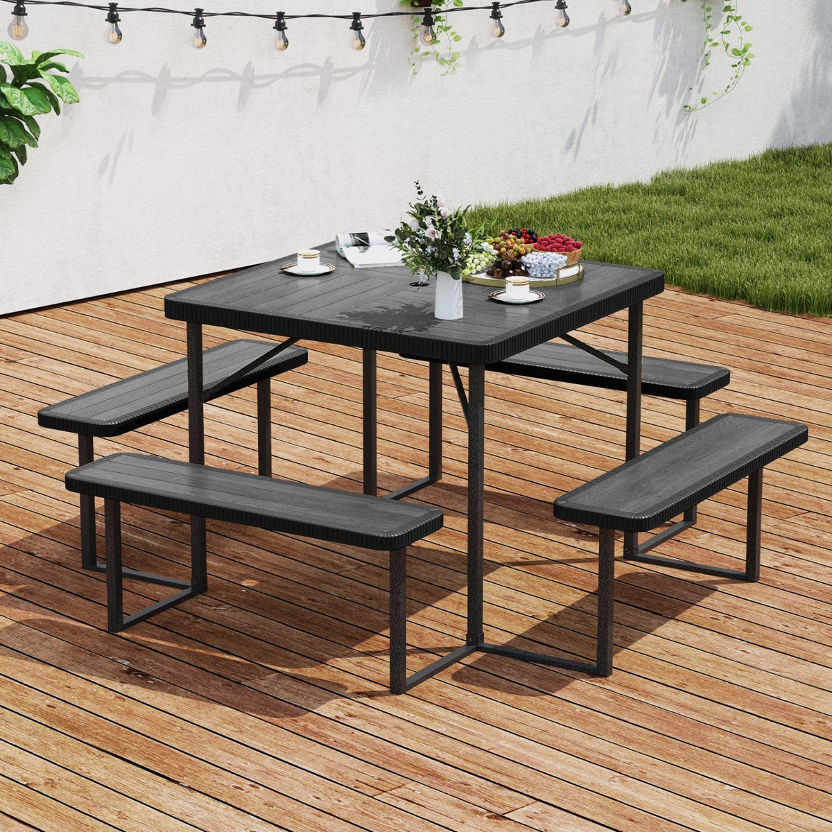 Outdoor Square Picnic Table Bench Set for 4-8 People with Umbrella Hole-Black