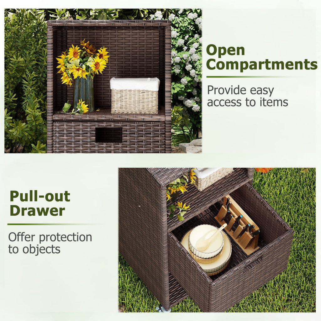 Outdoor Storage Cabinet with Drawer and 3 Shelves for Backyard-Brown