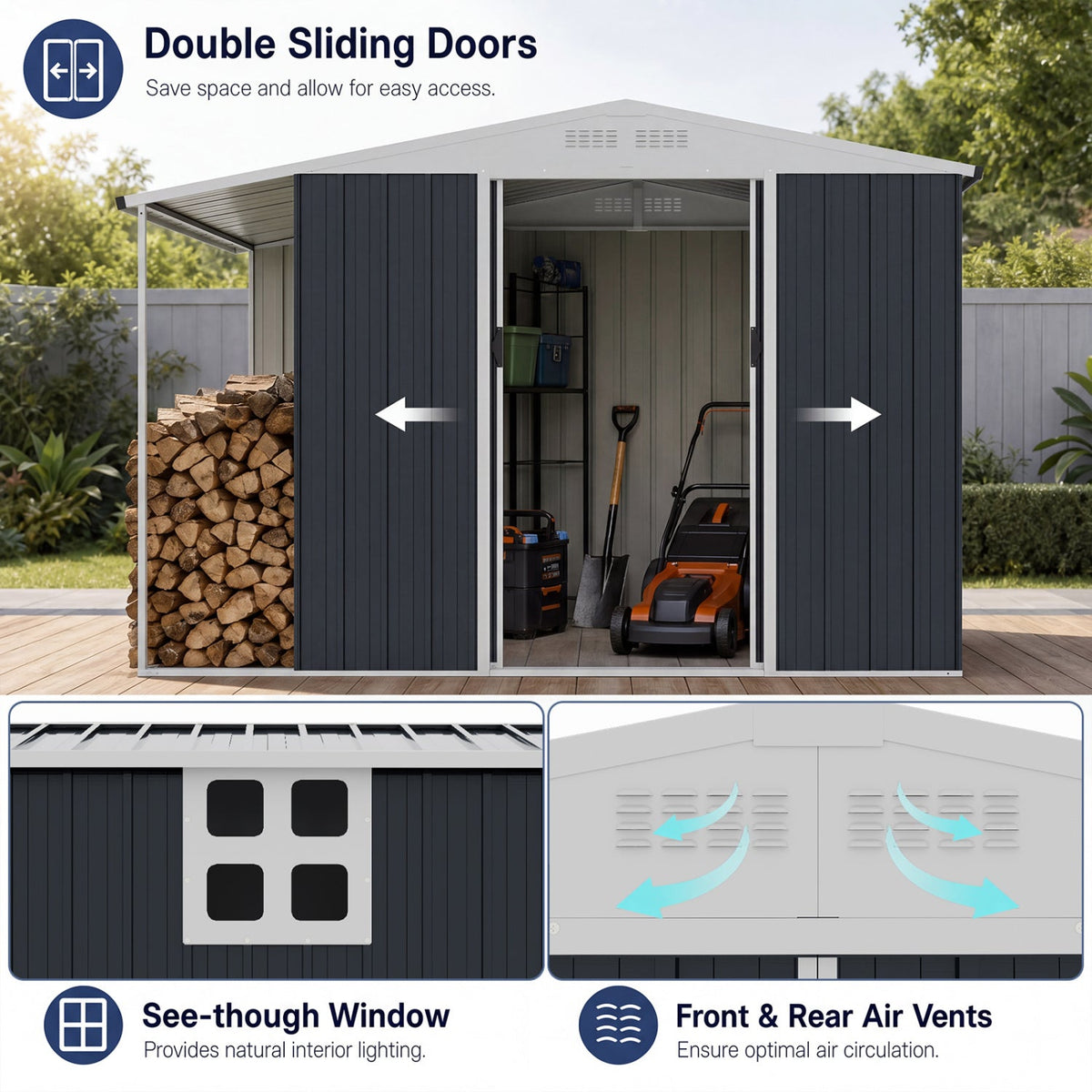 Outdoor Storage Shed with Lockable Double Sliding Door and Open Firewood Bay-Gray