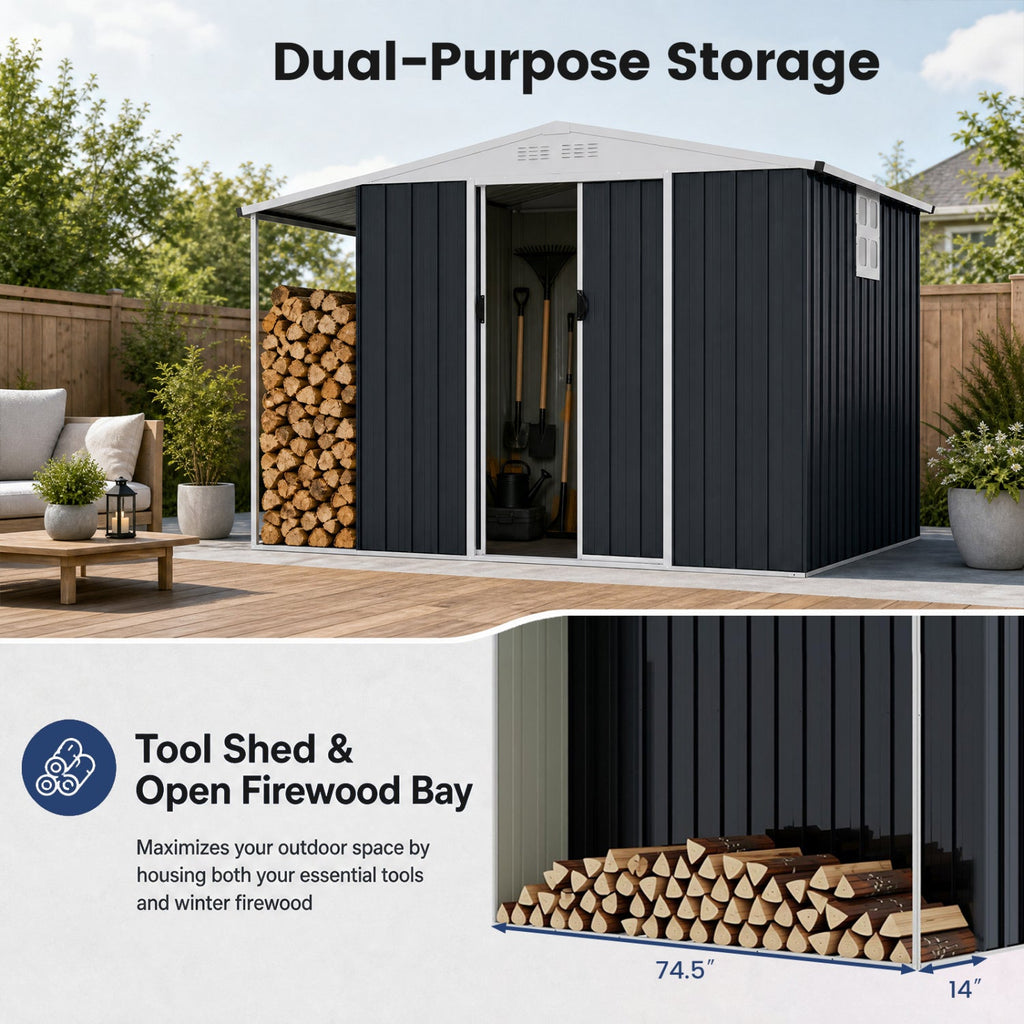 Outdoor Storage Shed with Lockable Double Sliding Door and Open Firewood Bay-Gray