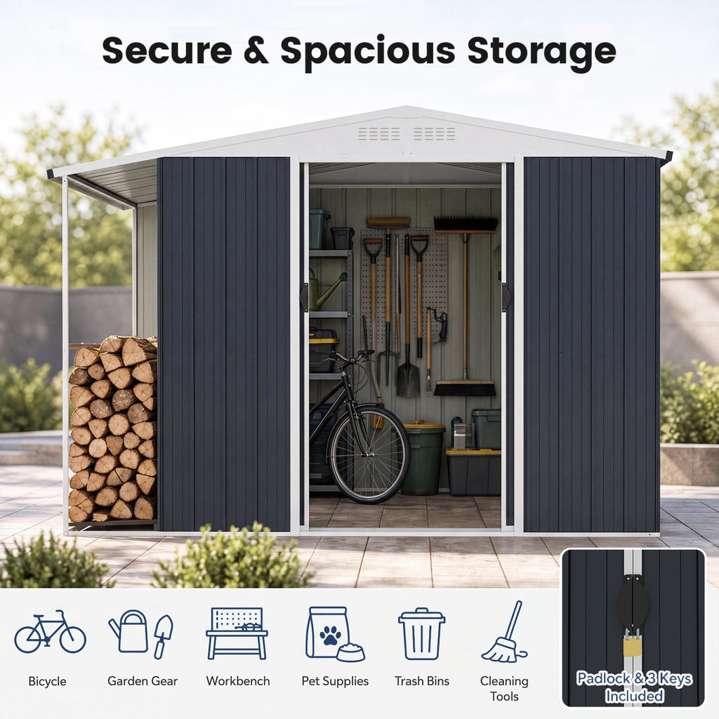Outdoor Storage Shed with Lockable Double Sliding Door and Open Firewood Bay-Gray