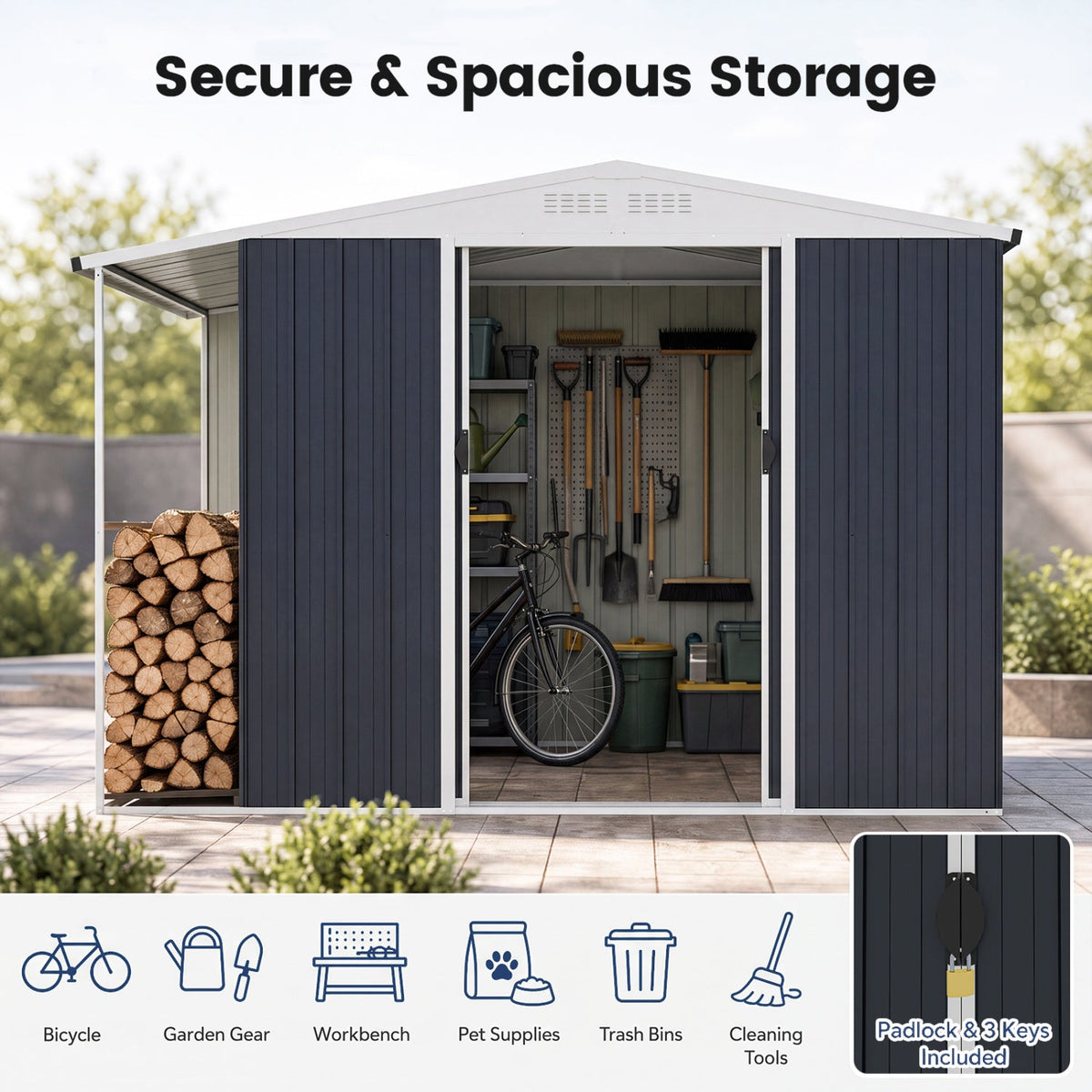 Outdoor Storage Shed with Lockable Double Sliding Door and Open Firewood Bay-Gray