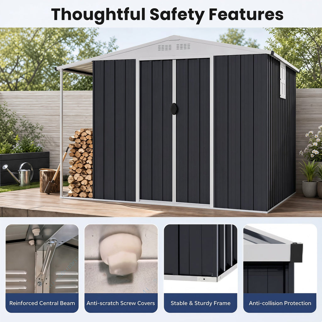 Outdoor Storage Shed with Lockable Double Sliding Door and Open Firewood Bay-Gray