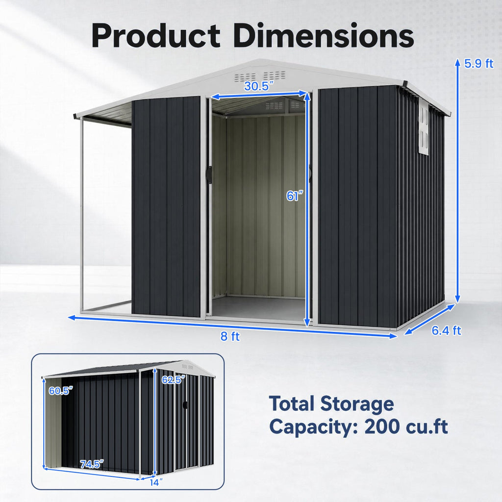 Outdoor Storage Shed with Lockable Double Sliding Door and Open Firewood Bay-Gray