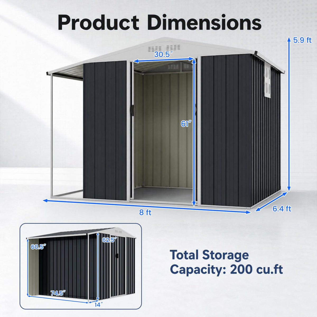 Outdoor Storage Shed with Lockable Double Sliding Door and Open Firewood Bay-Gray