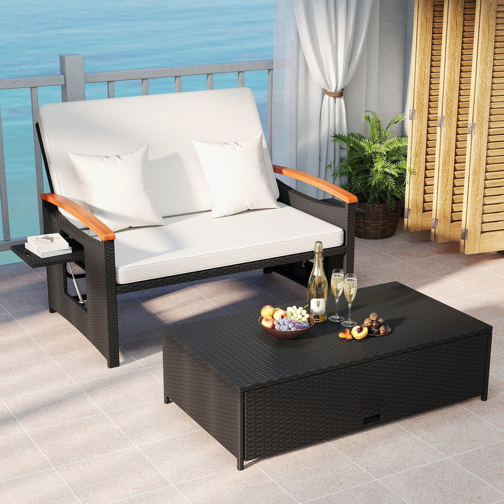 Outdoor Wicker Daybed Set with Reclining Back and Storage Ottoman, Off White