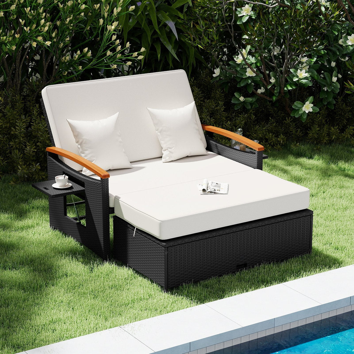 Outdoor Wicker Daybed Set with Reclining Back and Storage Ottoman, Off White