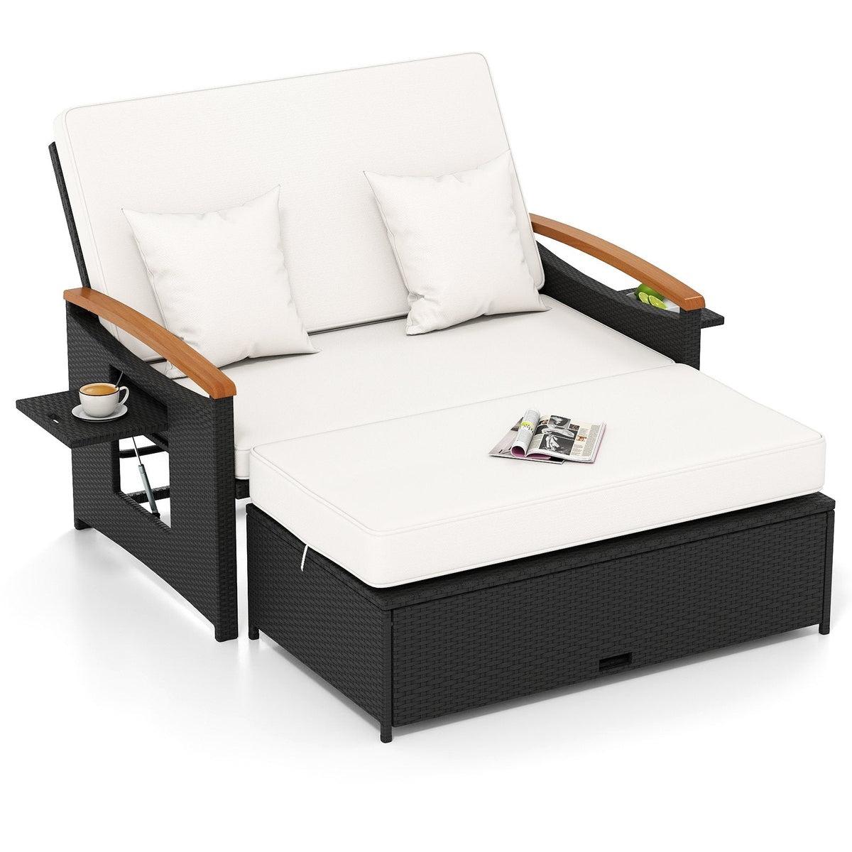 Outdoor Wicker Daybed Set with Reclining Back and Storage Ottoman, Off White