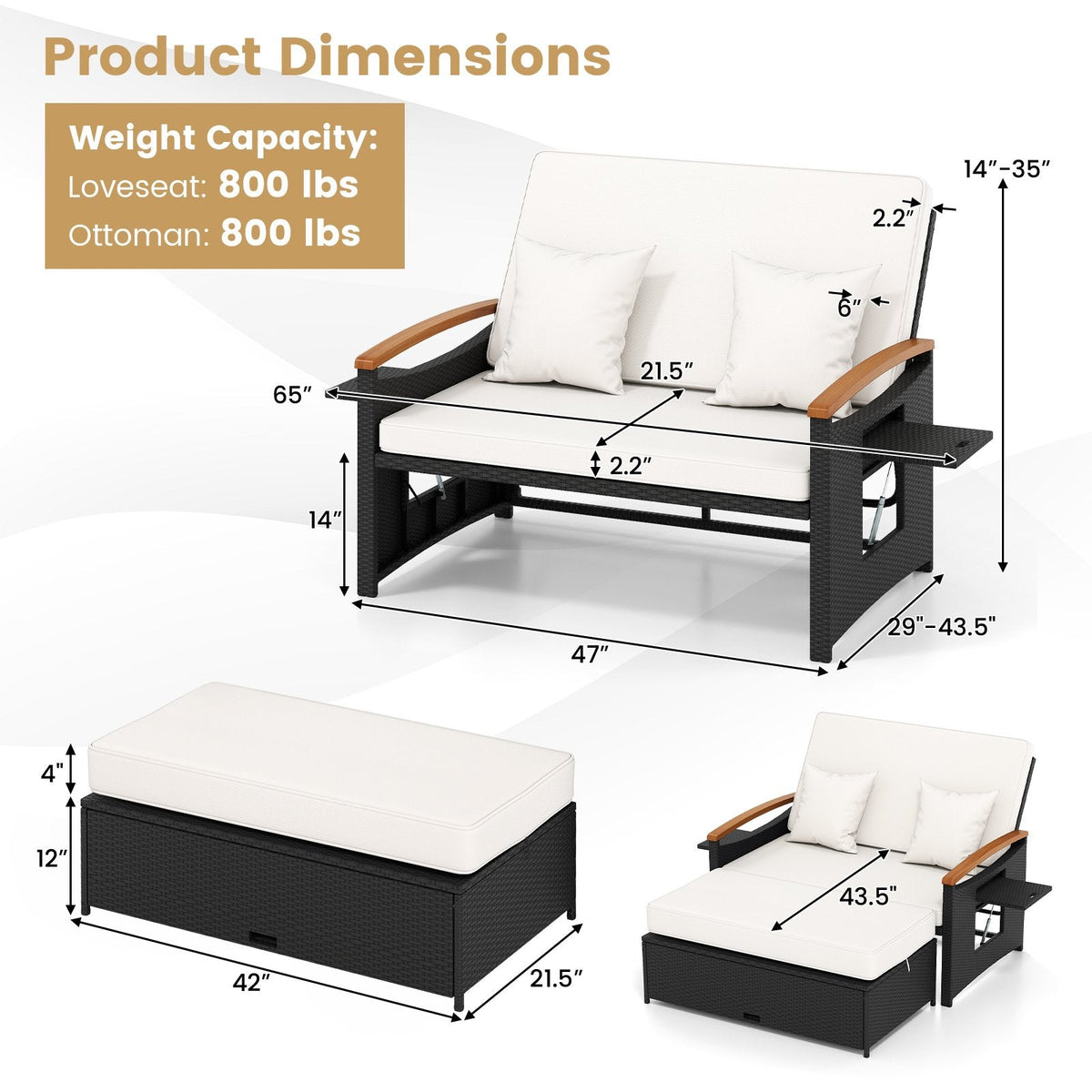 Outdoor Wicker Daybed Set with Reclining Back and Storage Ottoman, Off White