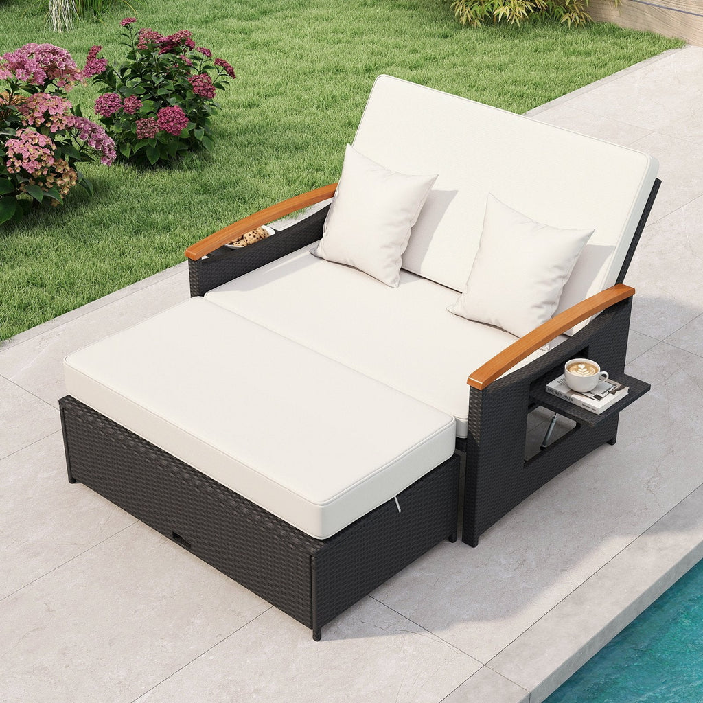 Outdoor Wicker Daybed Set with Reclining Back and Storage Ottoman, Off White