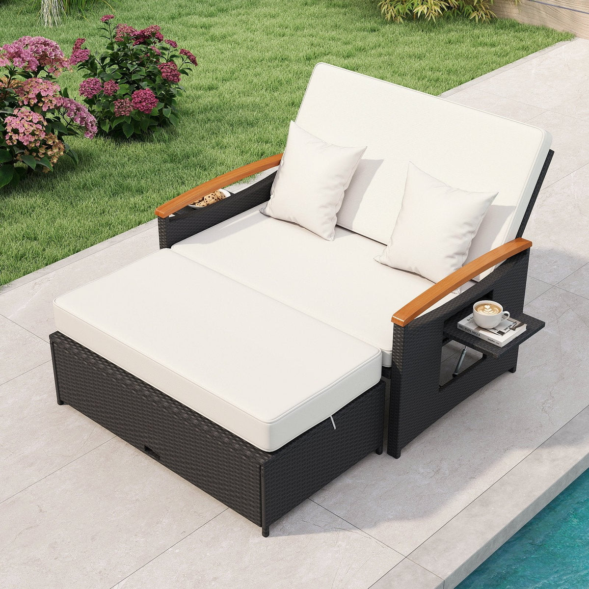 Outdoor Wicker Daybed Set with Reclining Back and Storage Ottoman, Off White
