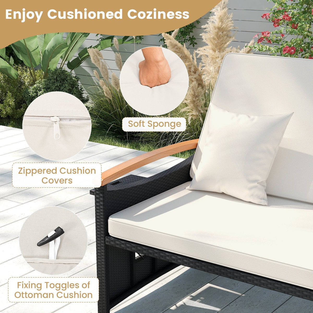 Outdoor Wicker Daybed Set with Reclining Back and Storage Ottoman, Off White