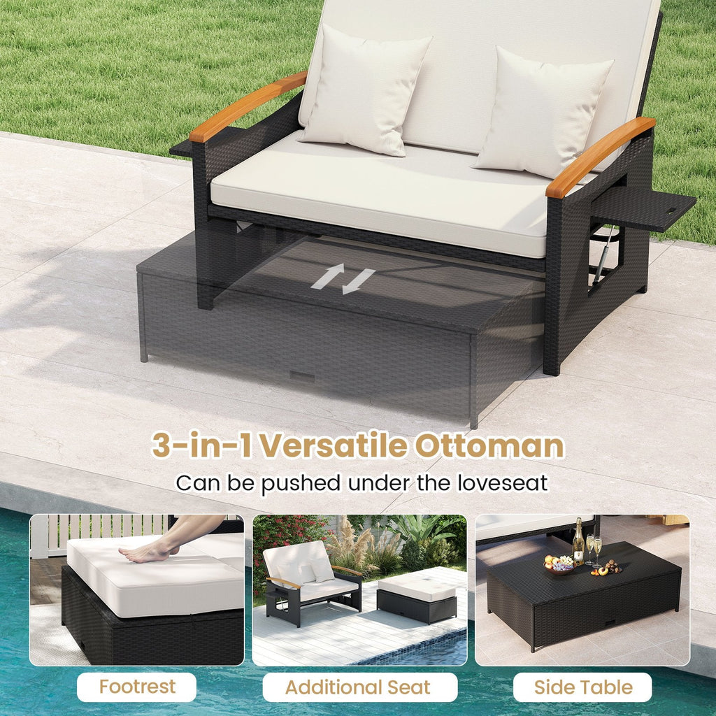 Outdoor Wicker Daybed Set with Reclining Back and Storage Ottoman, Off White
