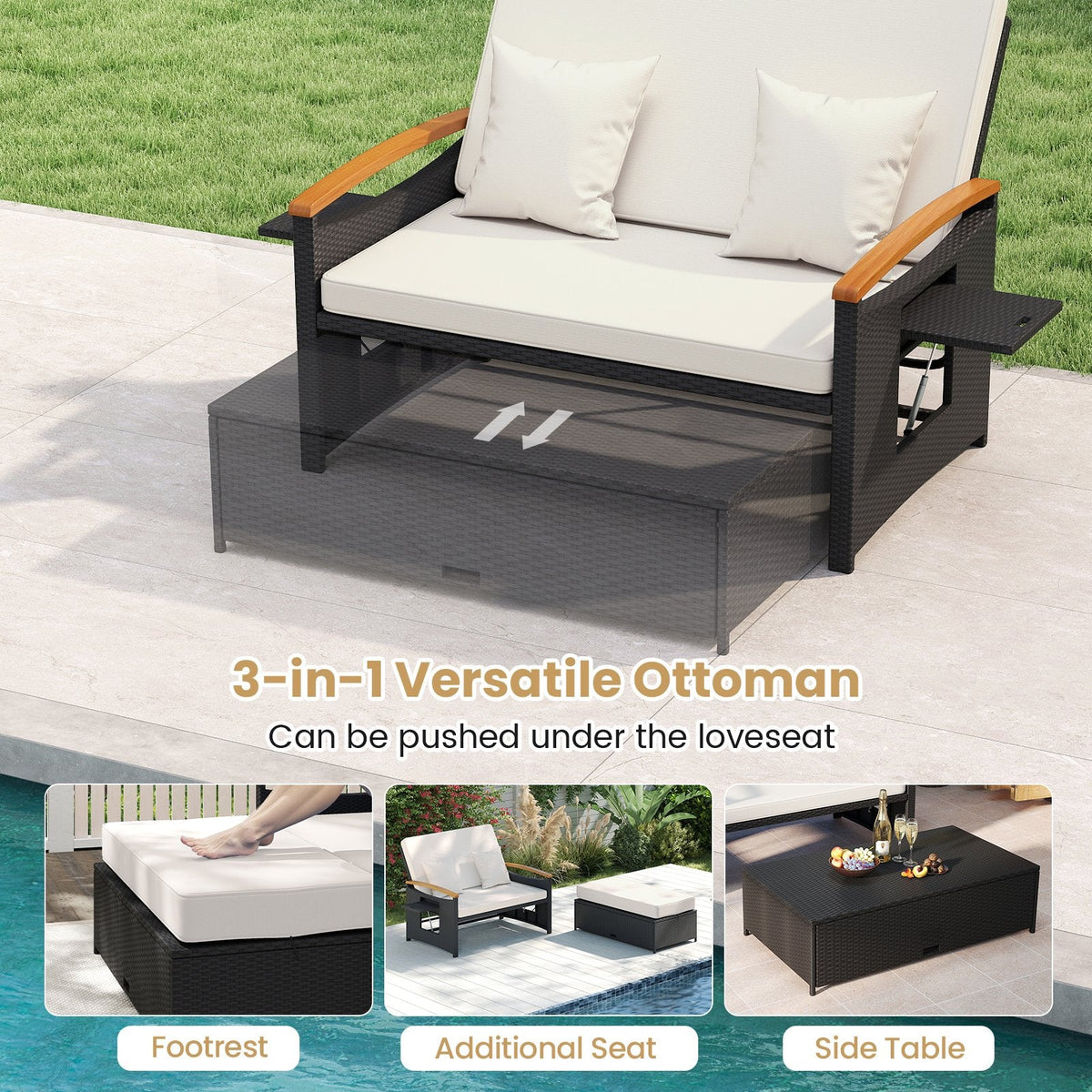 Outdoor Wicker Daybed Set with Reclining Back and Storage Ottoman, Off White