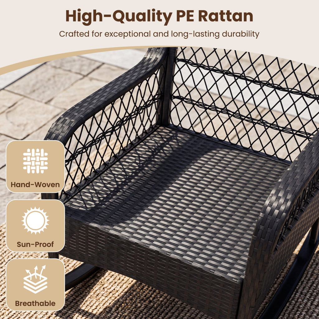 Outdoor Wicker Rocking Chair with Anti-Tip Stoppers and Thick Cushions for Porch-Black