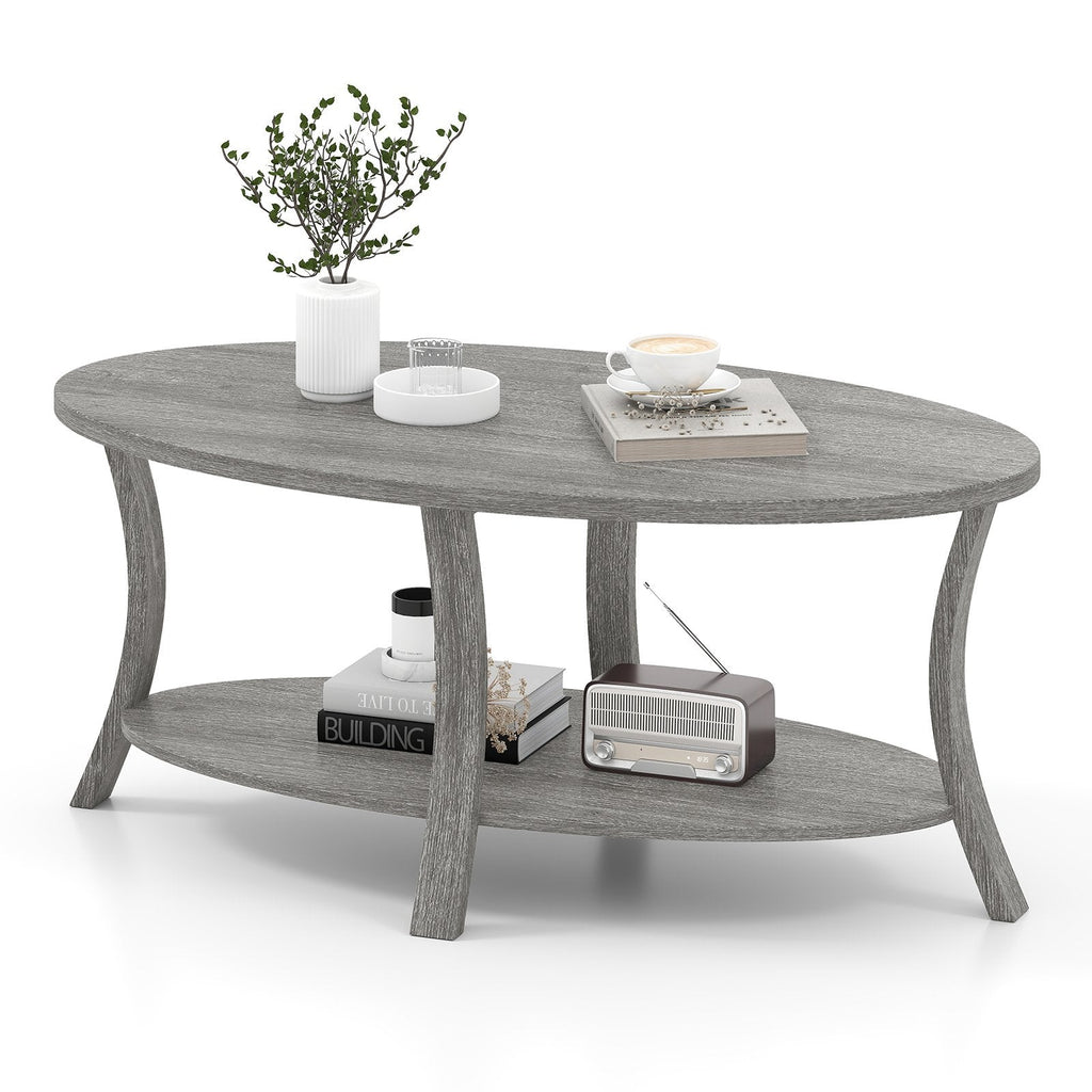 Oval Coffee Table 2-Tier Center Table with Storage Shelf-Gray