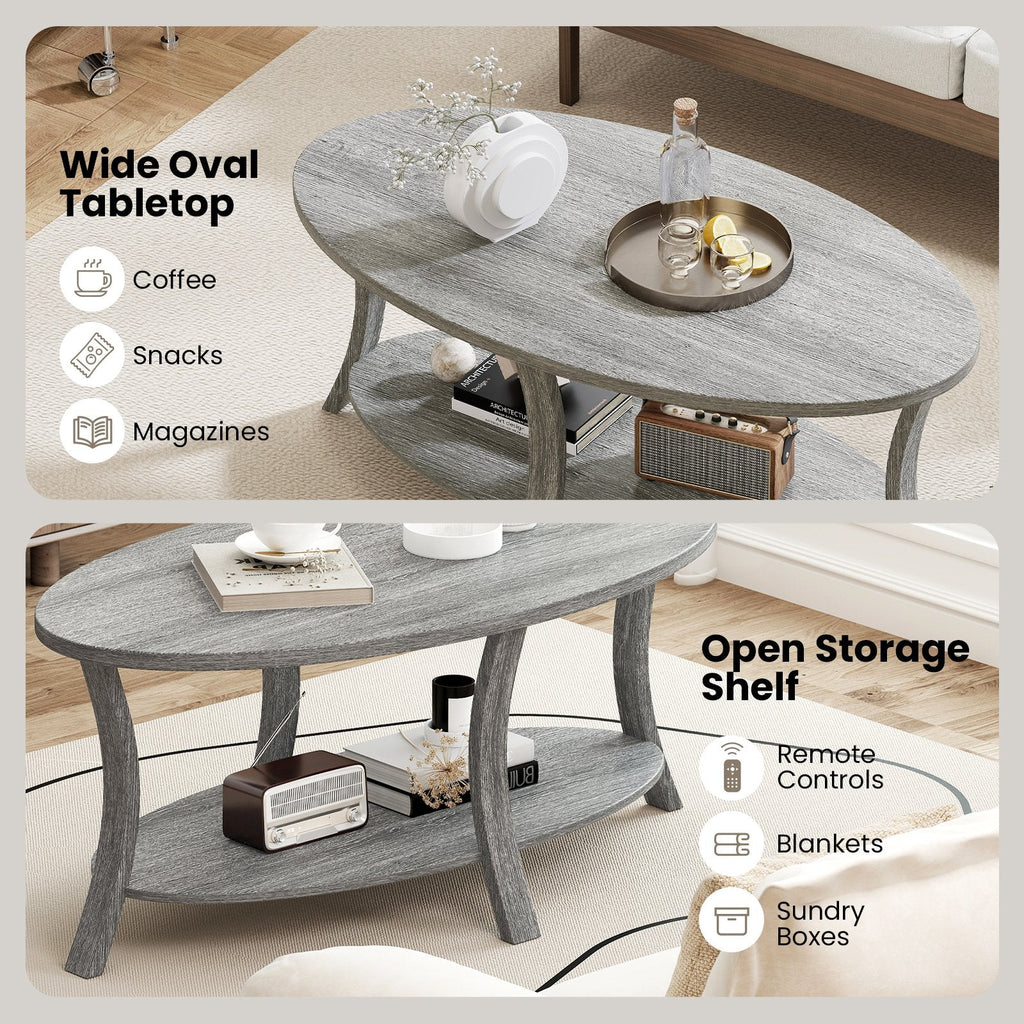 Oval Coffee Table 2-Tier Center Table with Storage Shelf-Gray