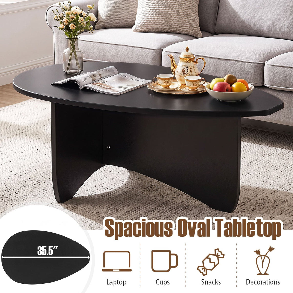 Oval Coffee Table Mid Century Modern Accent Table Low Profile Wooden Center Table-Black