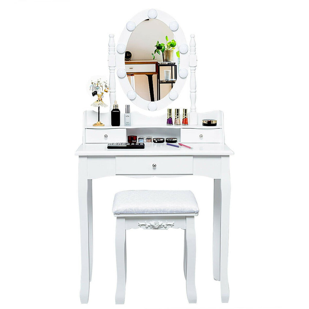 Oval Mirror Vanity Set, with 10 LED Dimmable Bulbs and 3 Drawers-White