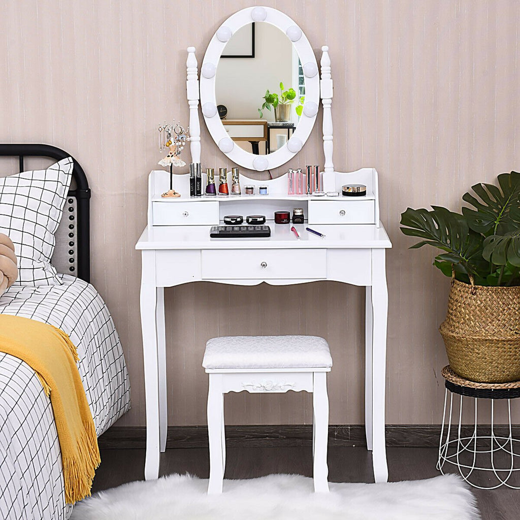 Oval Mirror Vanity Set, with 10 LED Dimmable Bulbs and 3 Drawers-White