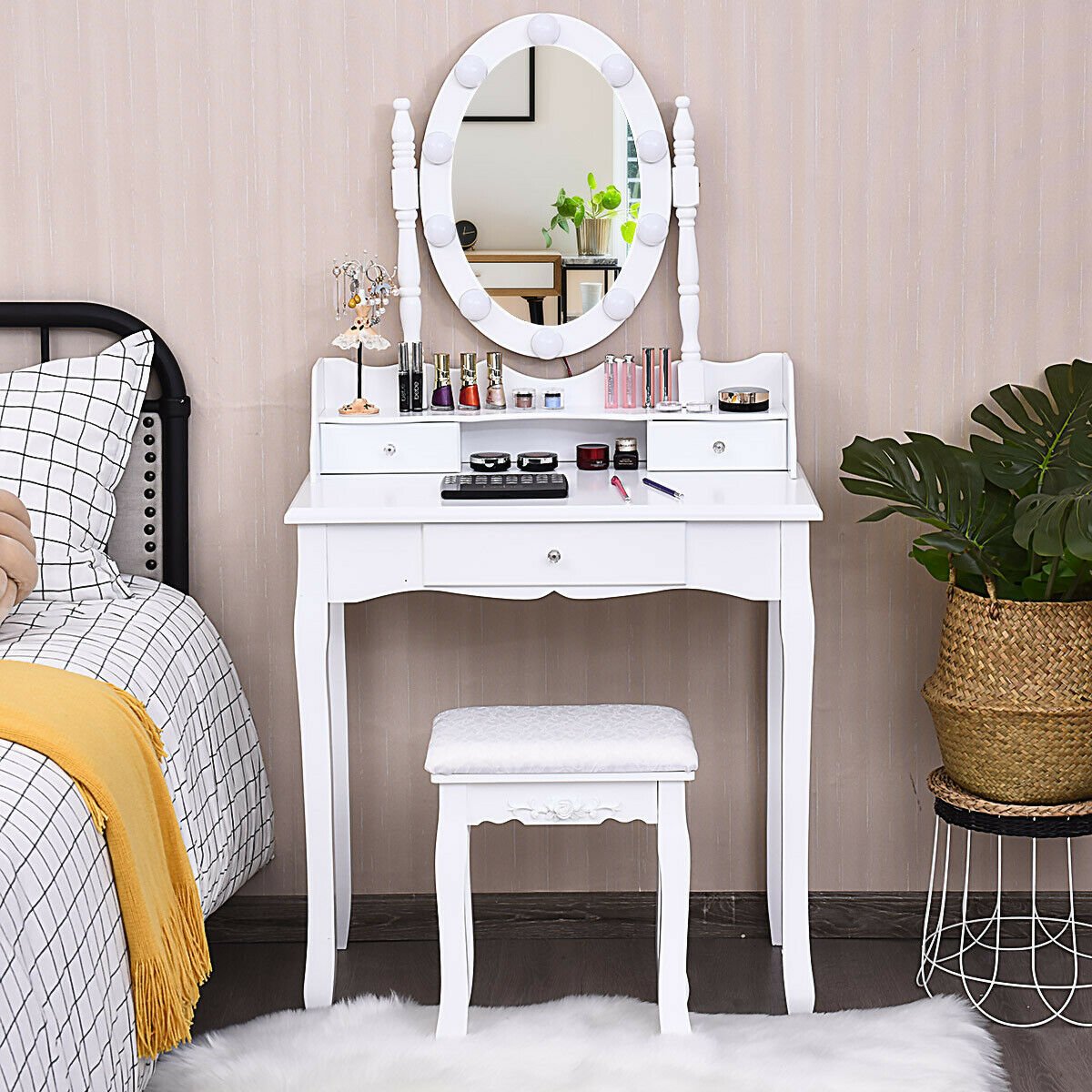 Oval Mirror Vanity Set, with 10 LED Dimmable Bulbs and 3 Drawers-White