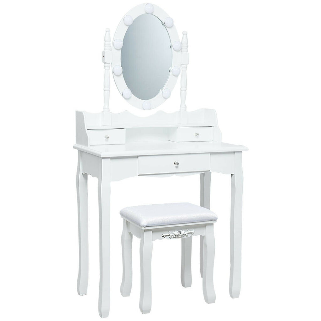 Oval Mirror Vanity Set, with 10 LED Dimmable Bulbs and 3 Drawers-White
