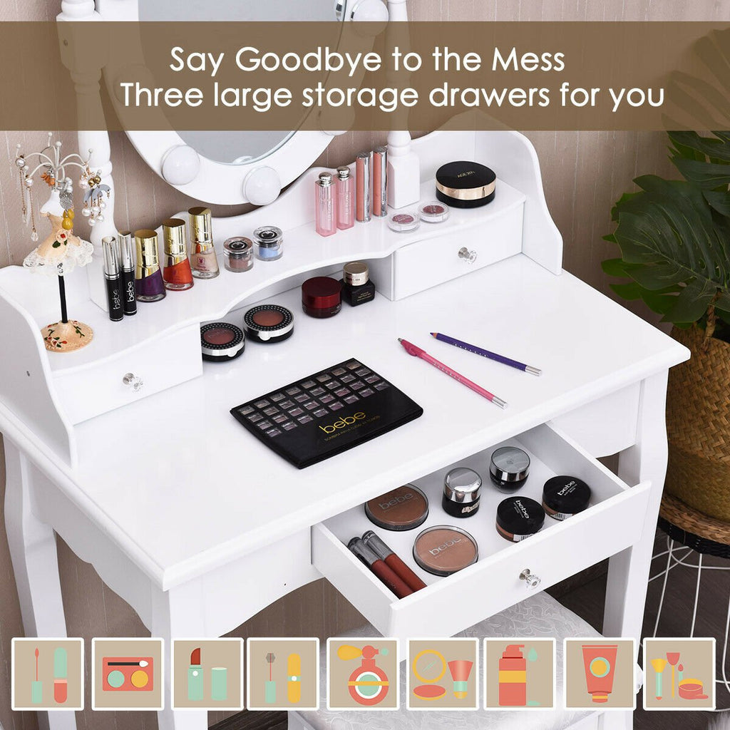 Oval Mirror Vanity Set, with 10 LED Dimmable Bulbs and 3 Drawers-White