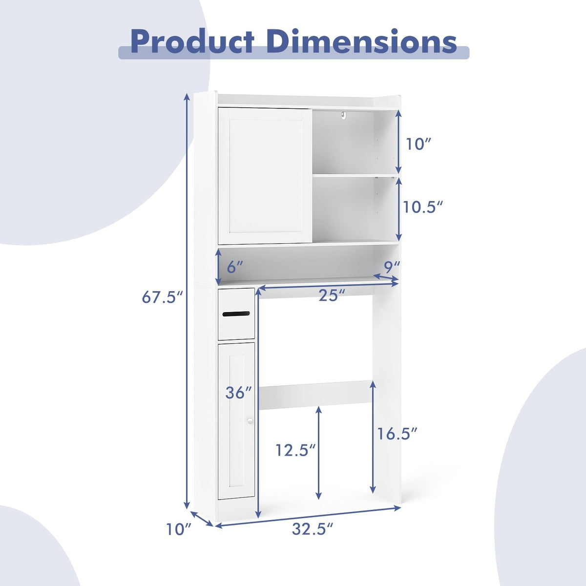 Over-the-Toilet Storage Cabinet Standing Toilet Rack with Sliding Door-White
