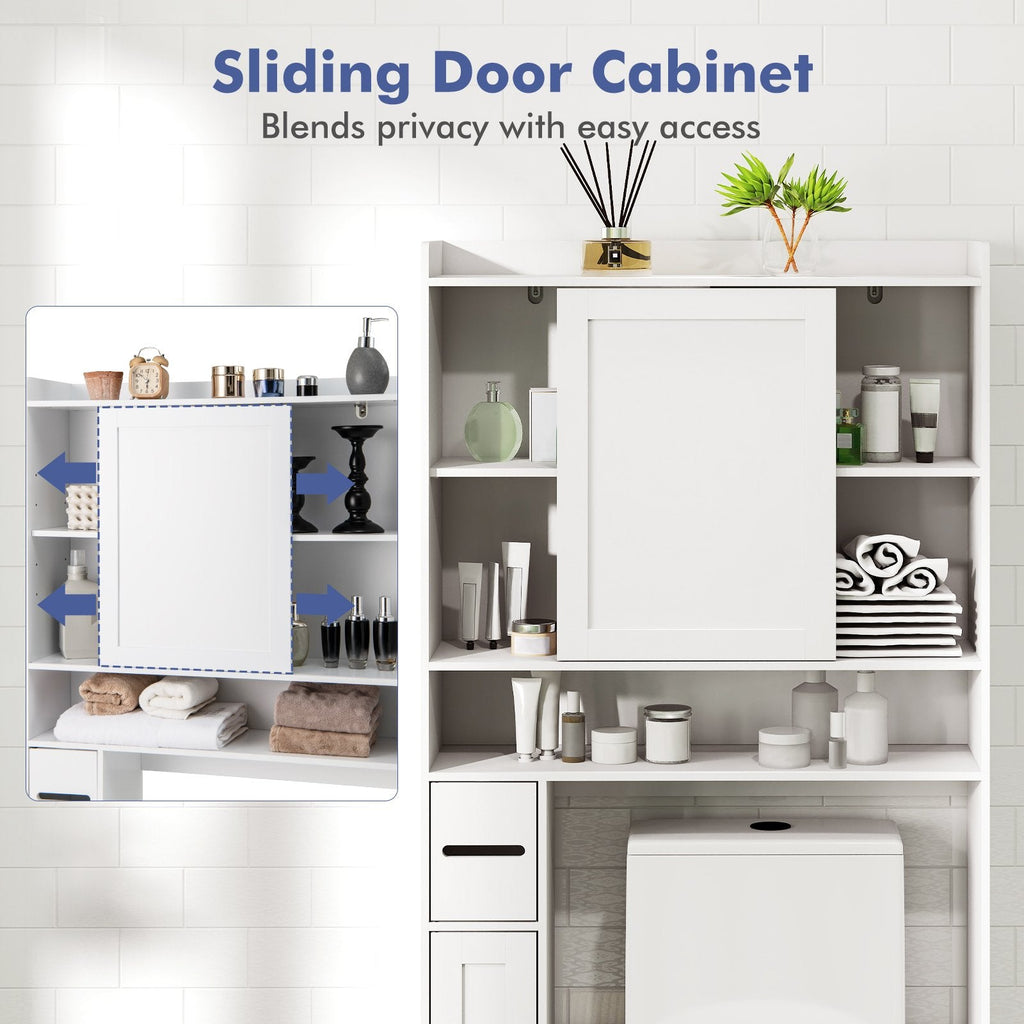 Over-the-Toilet Storage Cabinet Standing Toilet Rack with Sliding Door-White