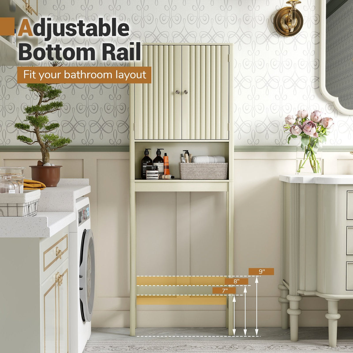 Over The Toilet Storage Cabinet with Fluted Doors-Beige