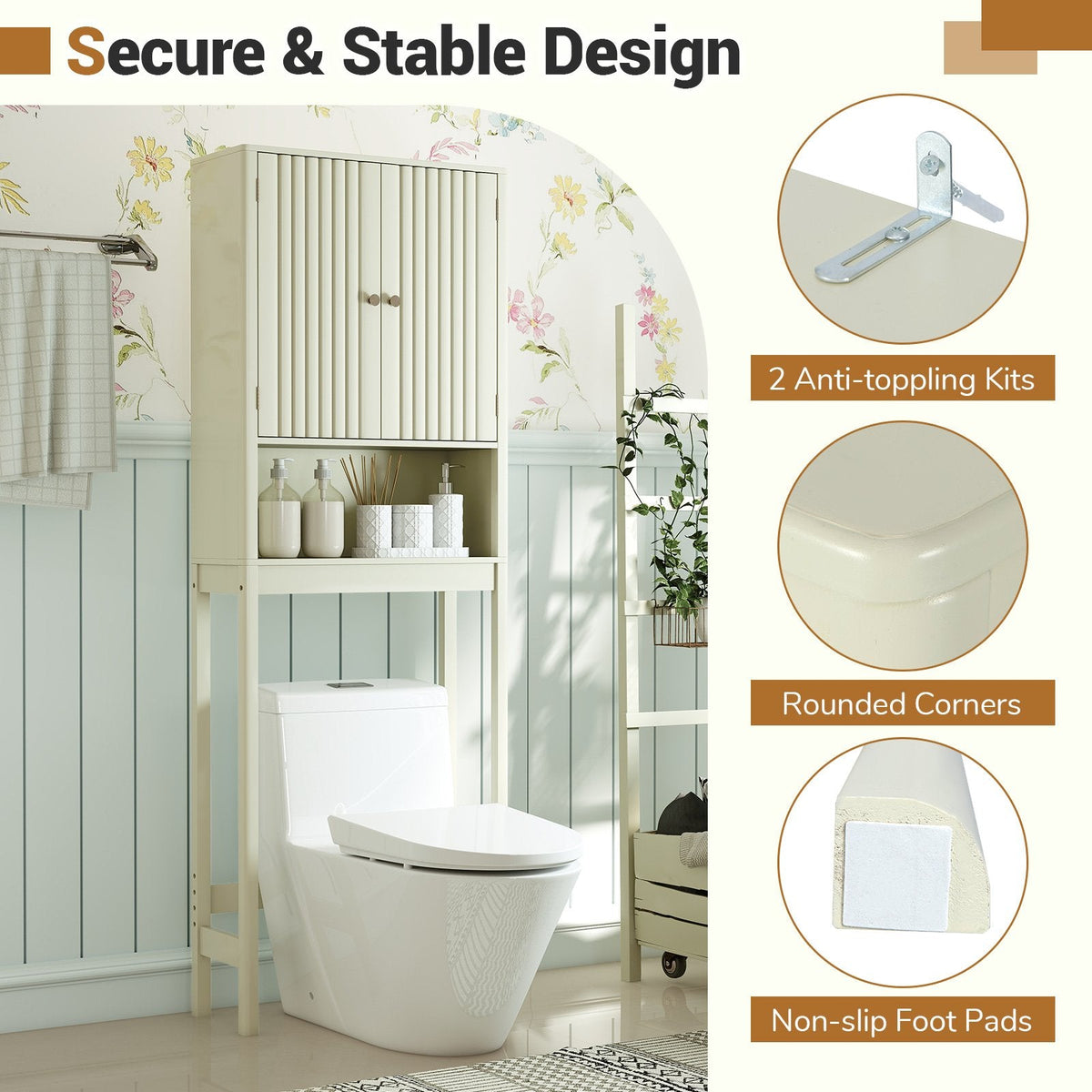 Over The Toilet Storage Cabinet with Fluted Doors-Beige
