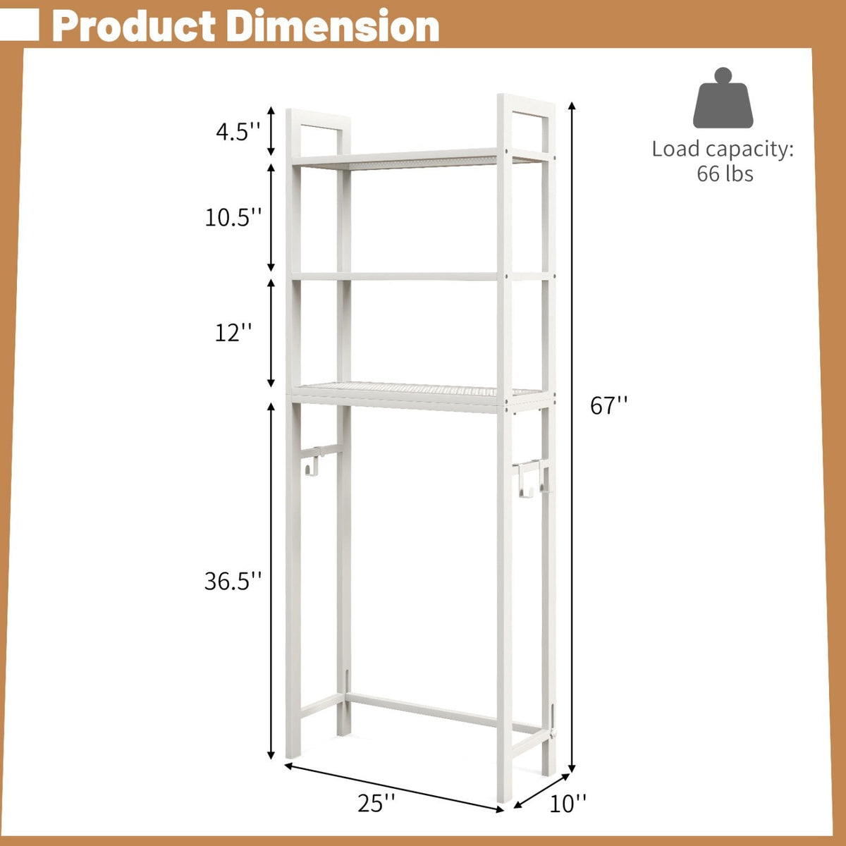 Over-The-Toilet Storage Shelf Space Saving Metal Bathroom Organizer Hooks-White