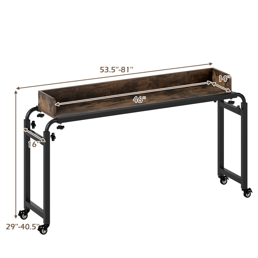 Overbed Desk with Wheels Queen Size Mobile Bed Desk with Adjustable Height-Brown