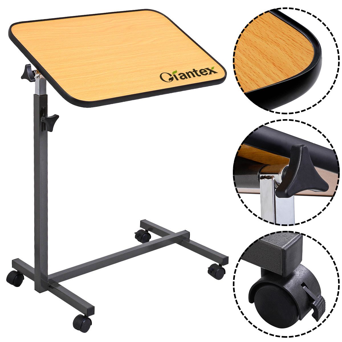 Overbed Rolling Table with Tilting Top, Adjustable Height Bed Tray in Beige