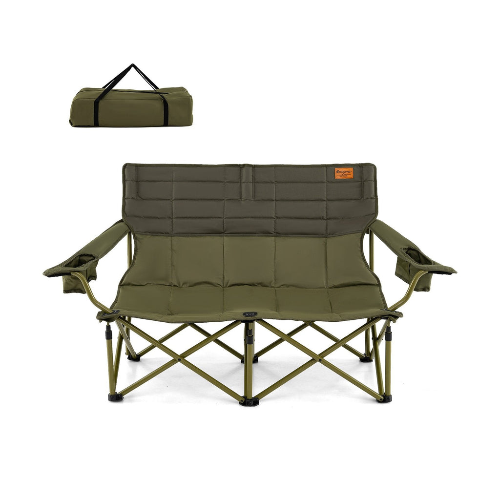 Oversized Camping Chair Folding Loveseat Camping Couch with Cup Holders & Thick Padding-Green
